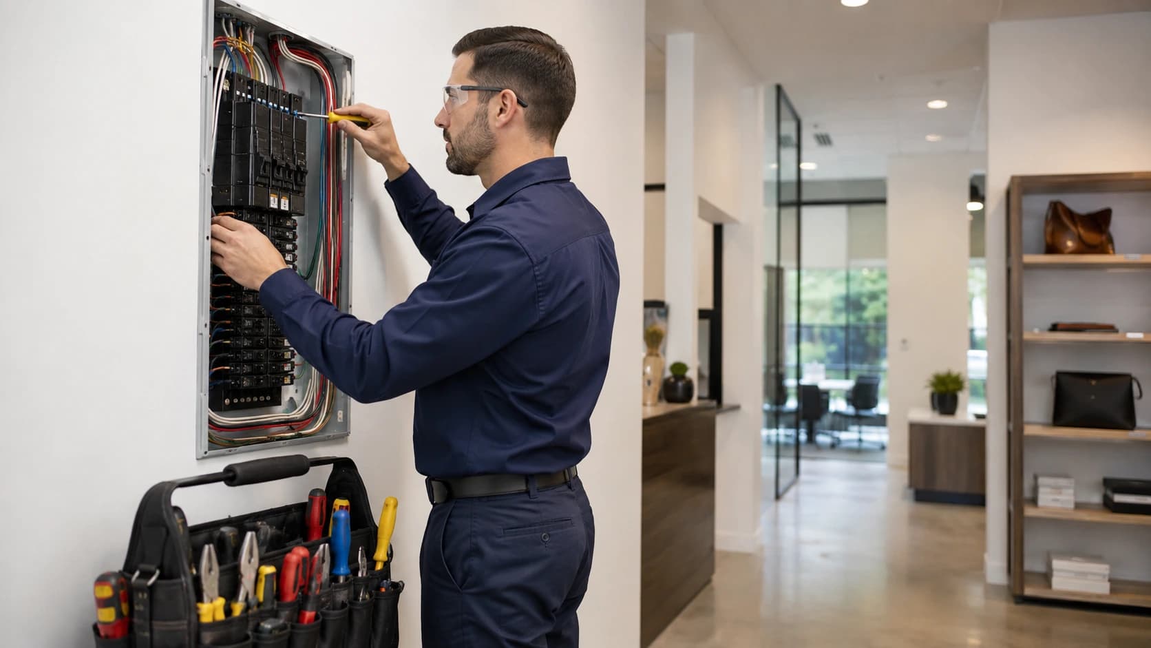 Electrician working at an electrical panel in a small commercial office