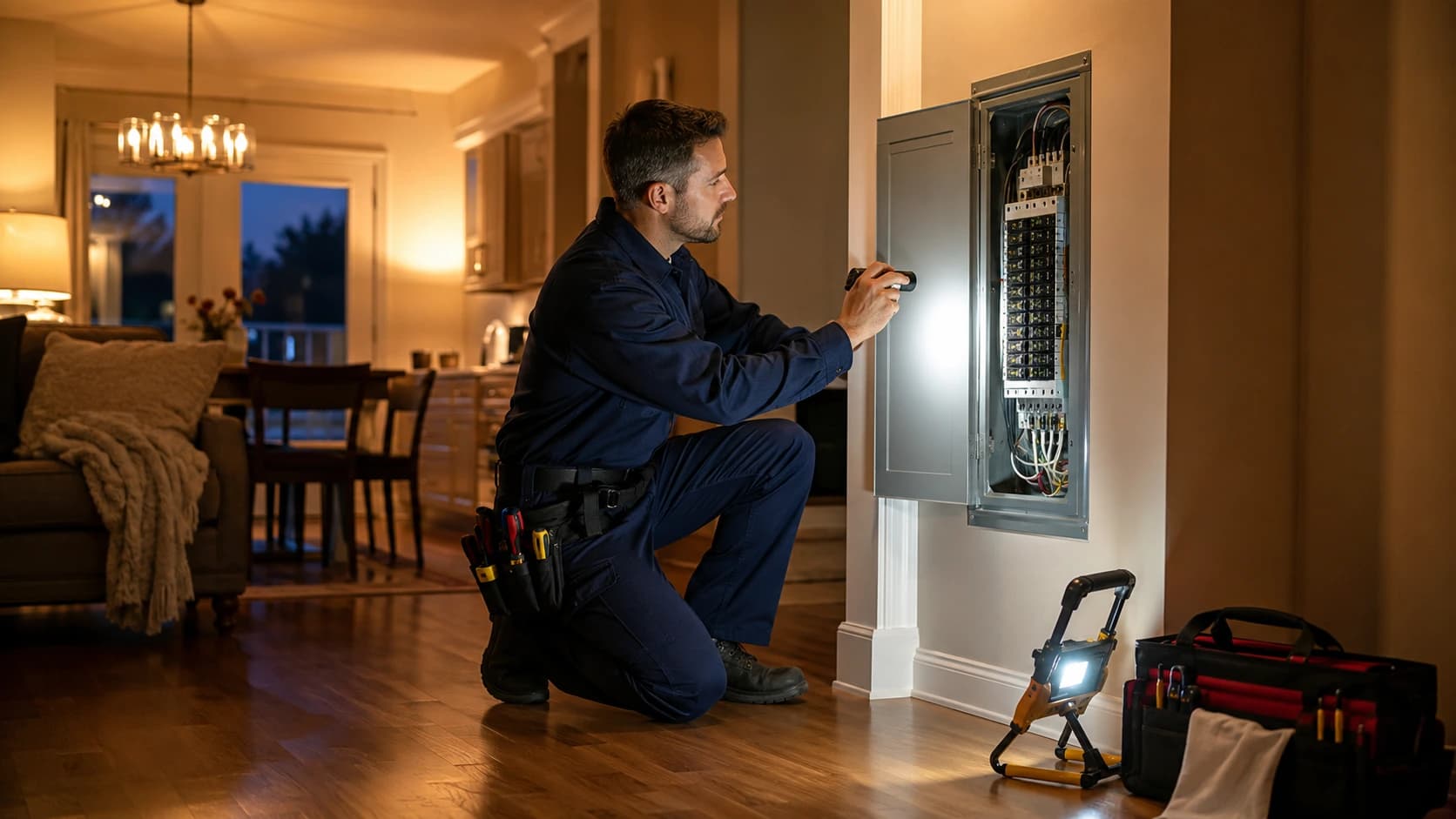 Electrician inspecting a residential electrical panel during an urgent evening visit