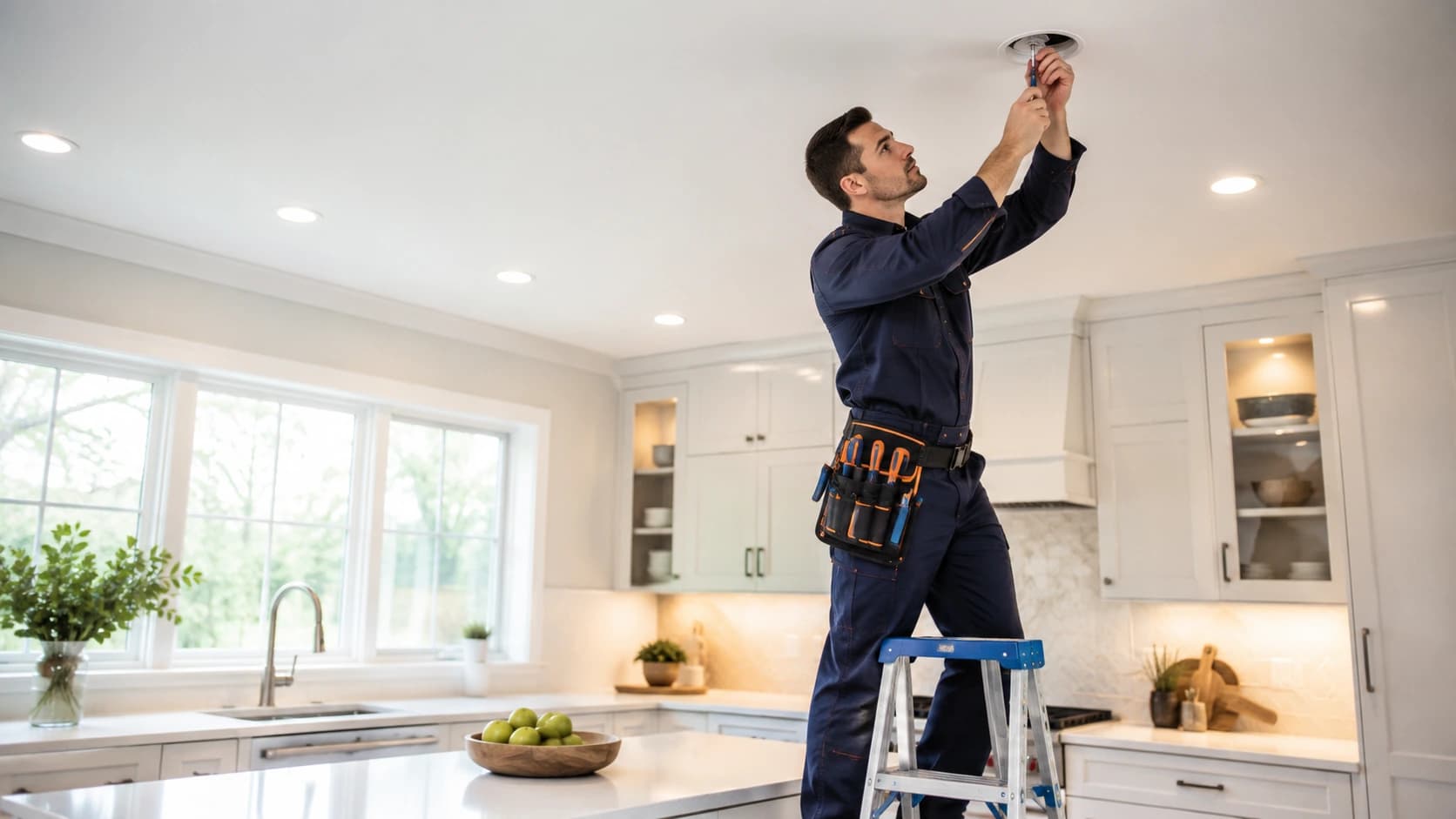Electrician installing recessed lighting in a bright residential kitchen